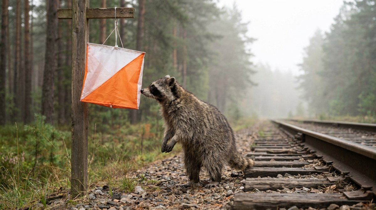 Freestyle Poetry Slam: Waschbär schnuppert an einem Orientierungslauf-Posten neben einer Bahnstrecke im Nebel