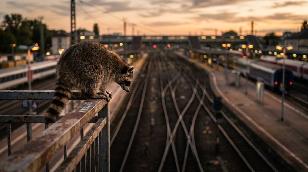 Freestyle Poetry Slam: Waschbär auf einer Fußgängerbrücke blickt auf sich verzweigende Gleise