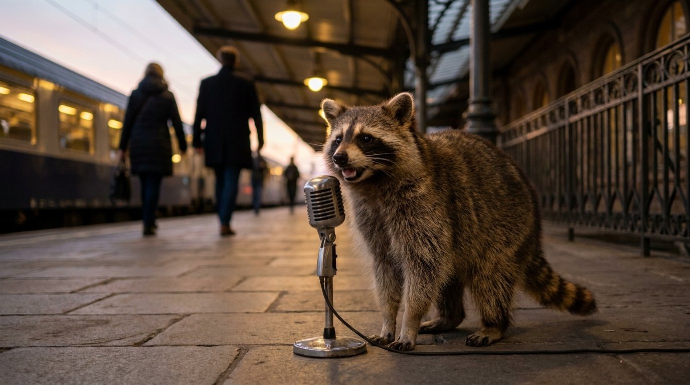 Ein Waschbär am Bahnsteig vor einem alten Mikrofon, mitten in der Zeile