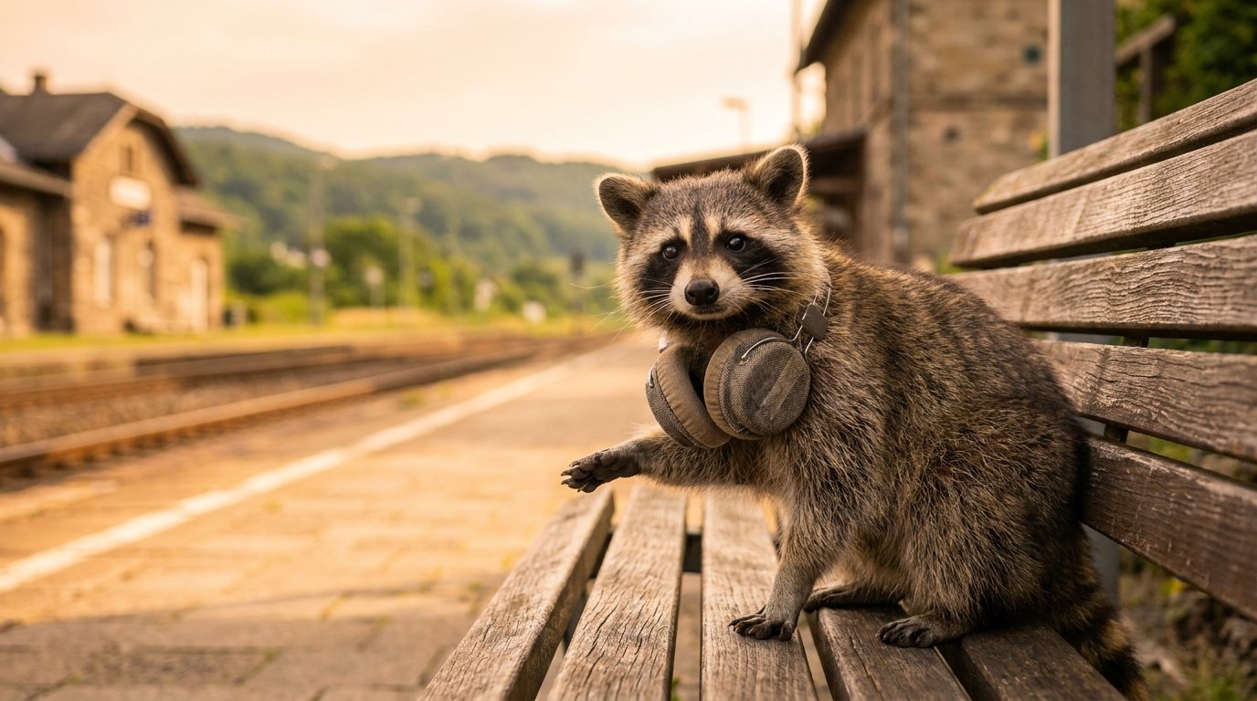 Ein Waschbär mit Kopfhörern auf einer Bahnhofsbank, eine Pfote im Takt erhoben