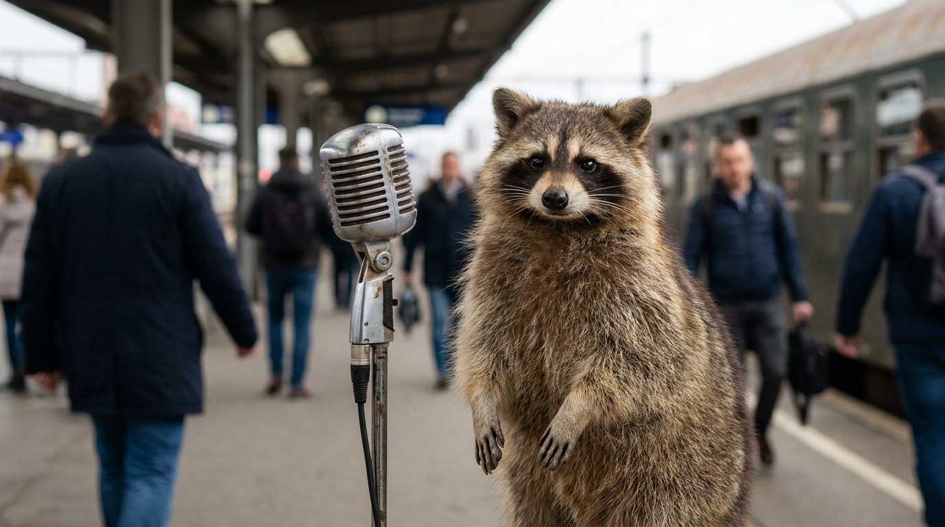 Ein Waschbär steht selbstbewusst am Bahnsteig neben einem alten Mikrofon
