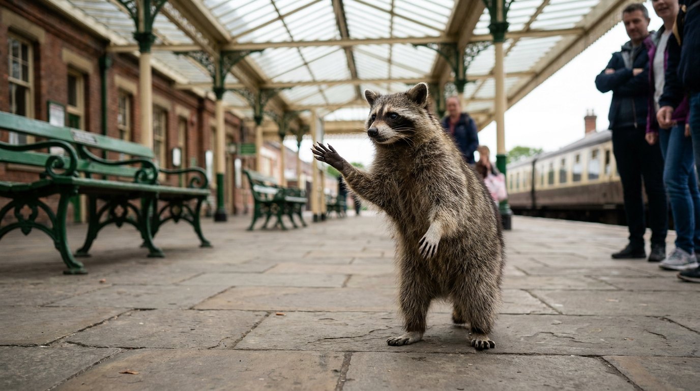 Ein Waschbär hebt am Bahnsteig die Pfote wie beim freien Reden vor Publikum