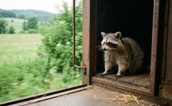 Poetry Slam über Freiheit: ein Waschbär sitzt in der offenen Tür eines fahrenden Güterwagens, draußen fliegt die Landschaft vorbei