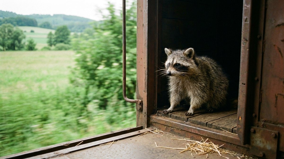 Poetry Slam über Freiheit: ein Waschbär sitzt in der offenen Tür eines fahrenden Güterwagens, draußen fliegt die Landschaft vorbei