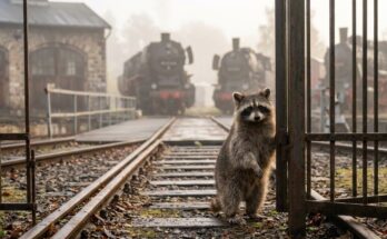Waschbär am Tor eines Bahnbetriebswerks mit Dampfloks im Nebel – fremde Geschichten erzählen