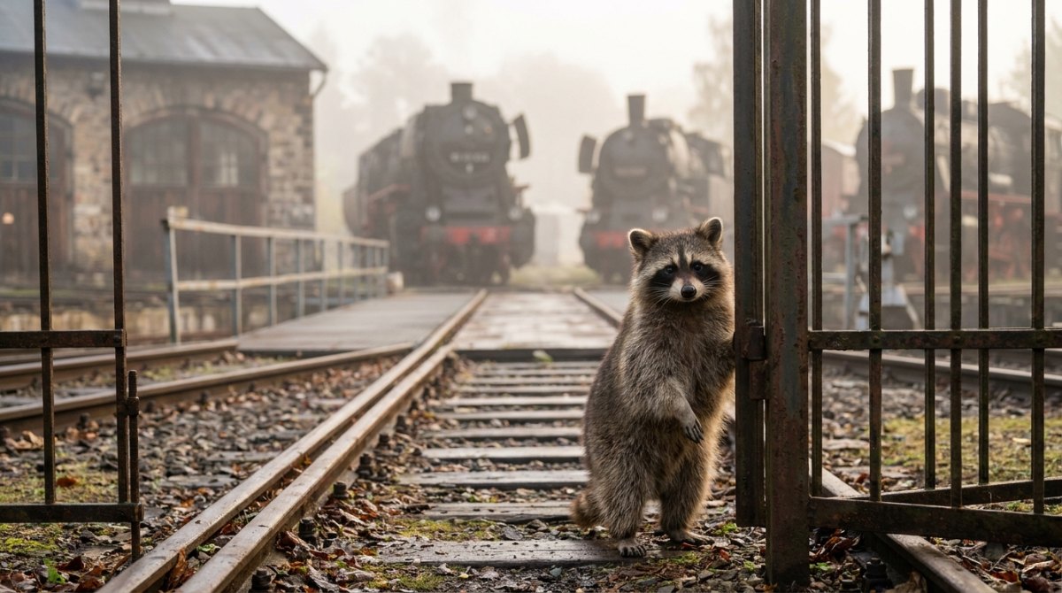 Waschbär am Tor eines Bahnbetriebswerks mit Dampfloks im Nebel – fremde Geschichten erzählen