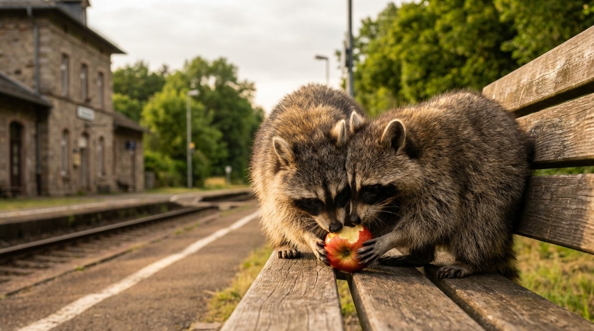 Zwei Waschbären teilen sich einen Apfel auf einer Bank am Bahnhof
