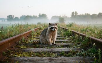 Poetry Slam über den Frieden: ein Waschbär sitzt ruhig zwischen den Schienen einer stillen Nebenbahn im Morgennebel
