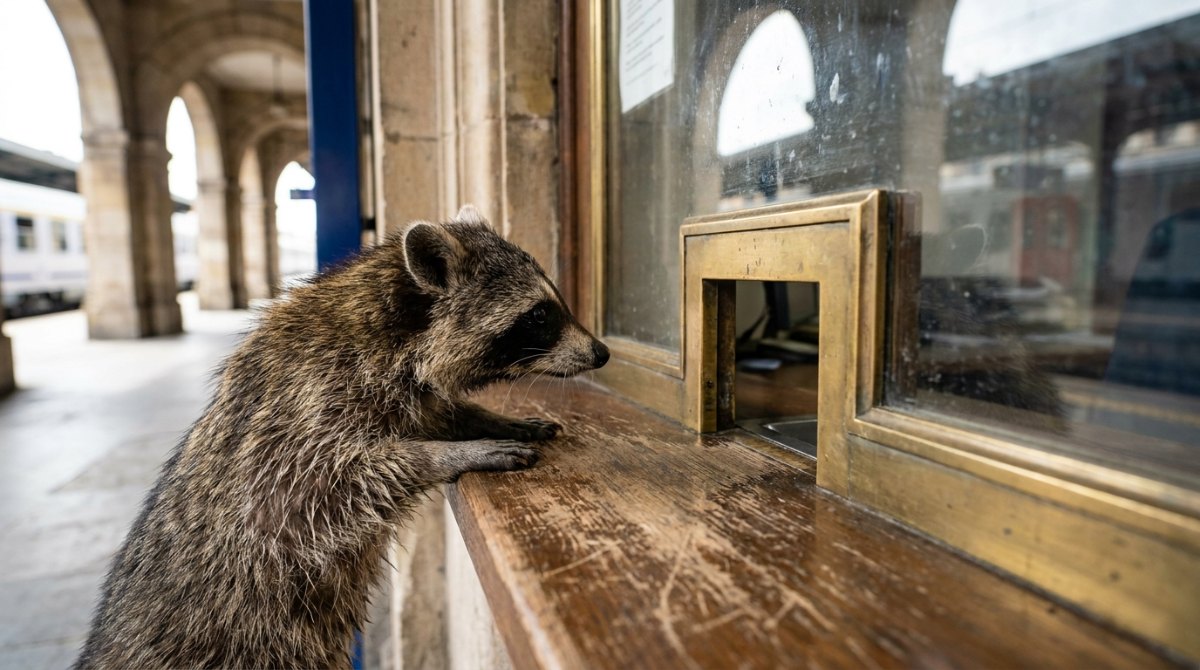 Gage verhandeln: Waschbär am alten Fahrkartenschalter