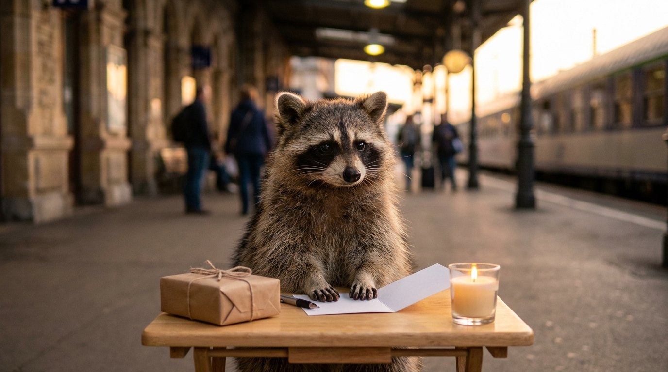 Ein Waschbär am Bahnhofstischchen mit Karte, Stift, kleinem Geschenk und einer Kerze