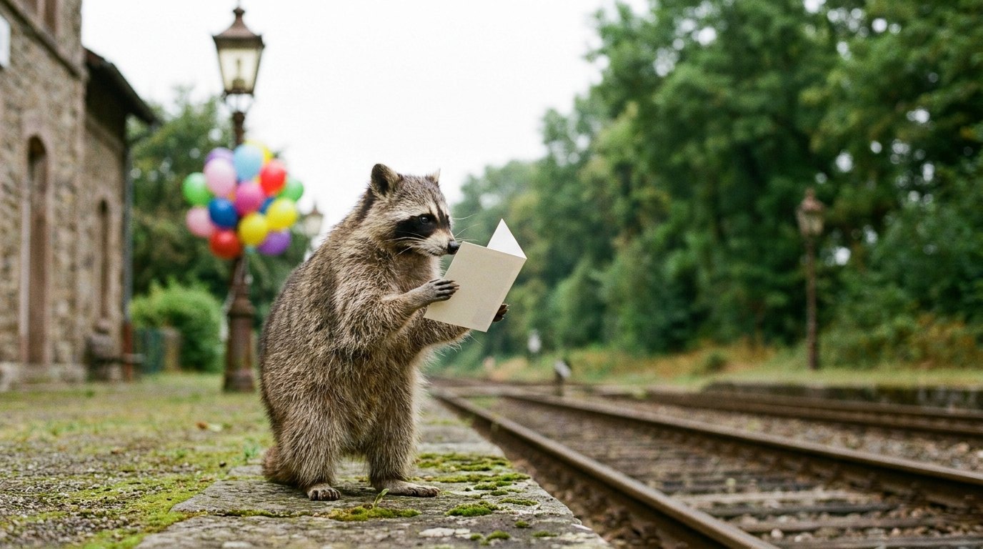 Ein Waschbär hält eine Karte hoch und liest sie vor, Luftballons am Bahnhofslaternenmast