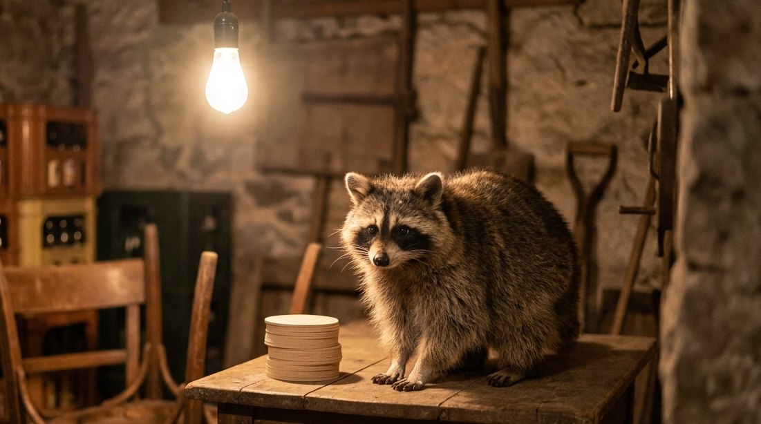 Waschbär auf einem Holztisch neben einem Stapel Bierdeckel im Hinterzimmer eines alten Bahnhofs – die Gebote für Anfänger, die keiner aufschreibt