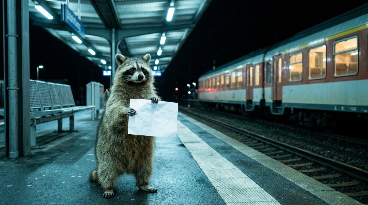 Waschbär hält nachts am Bahnsteig ein leeres Blatt Papier – Gebote für Anfänger: den Zettel immer mitnehmen