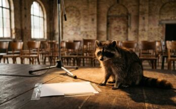 Waschbär auf dem Bühnenboden einer alten Bahnhofshalle neben einem festgeklebten Blatt und einem Mikrofonständer – Erzählen auf der Bühne