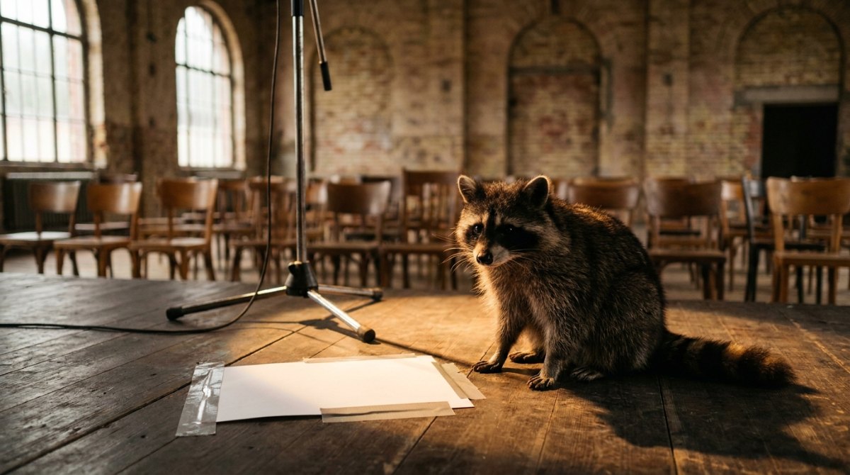 Waschbär auf dem Bühnenboden einer alten Bahnhofshalle neben einem festgeklebten Blatt und einem Mikrofonständer – Erzählen auf der Bühne