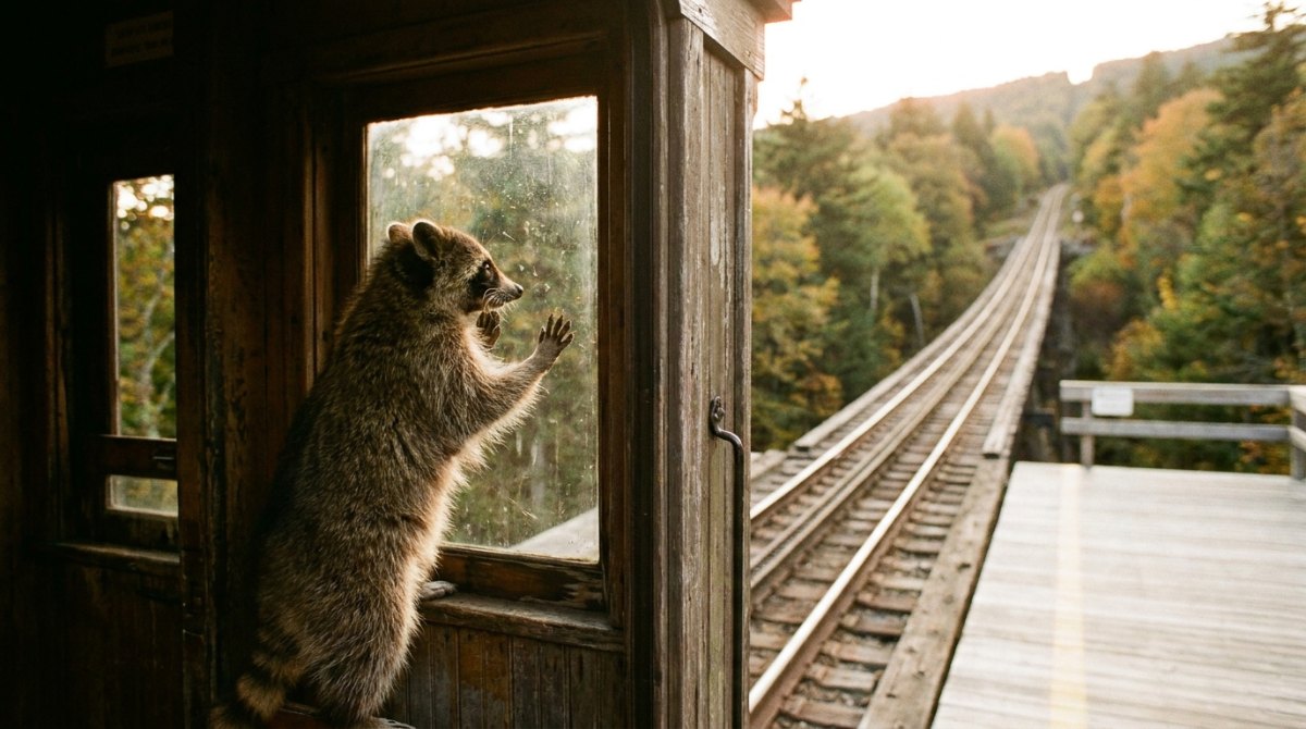Waschbär schaut aus dem Fenster eines alten Wagens auf eine steile Bergstrecke – Geschichten erzählen auf der Bühne braucht Steigung