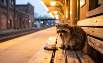 Poetry Slam zum Geburtstag: ein Waschbär sitzt auf der Bahnsteigbank neben einem kleinen Kuchen mit brennender Kerze