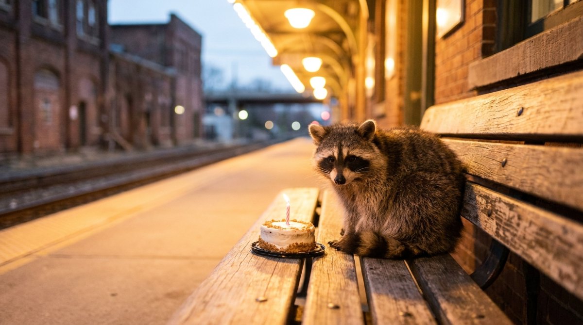 Poetry Slam zum Geburtstag: ein Waschbär sitzt auf der Bahnsteigbank neben einem kleinen Kuchen mit brennender Kerze