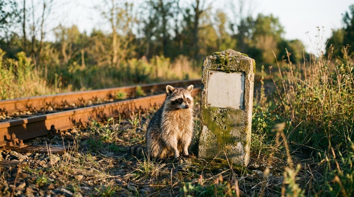 Ein Waschbär sitzt im goldenen Abendlicht neben einem alten Grenzstein an der Strecke