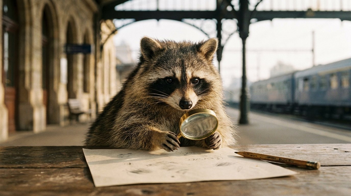 Waschbär mit Lupe über einem Blatt Papier am Bahnhofstisch, Sinnbild für das genaue Analysieren eines Gedichts