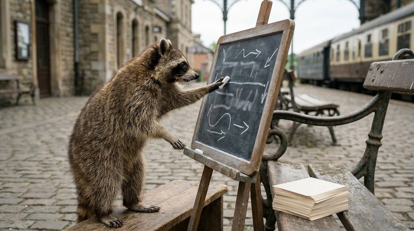Waschbär an einer kleinen Tafel im Bahnhof zeigt mit Kreide auf Pfeile und Schritte, Sinnbild für den Aufbau einer Gedichtanalyse