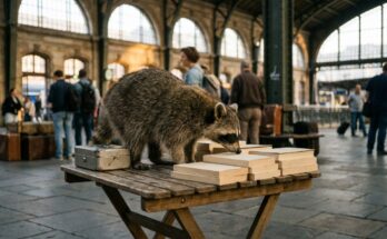 Waschbär am Klapptisch mit schmalen Büchern in der Bahnhofshalle – den eigenen Gedichtband veröffentlichen