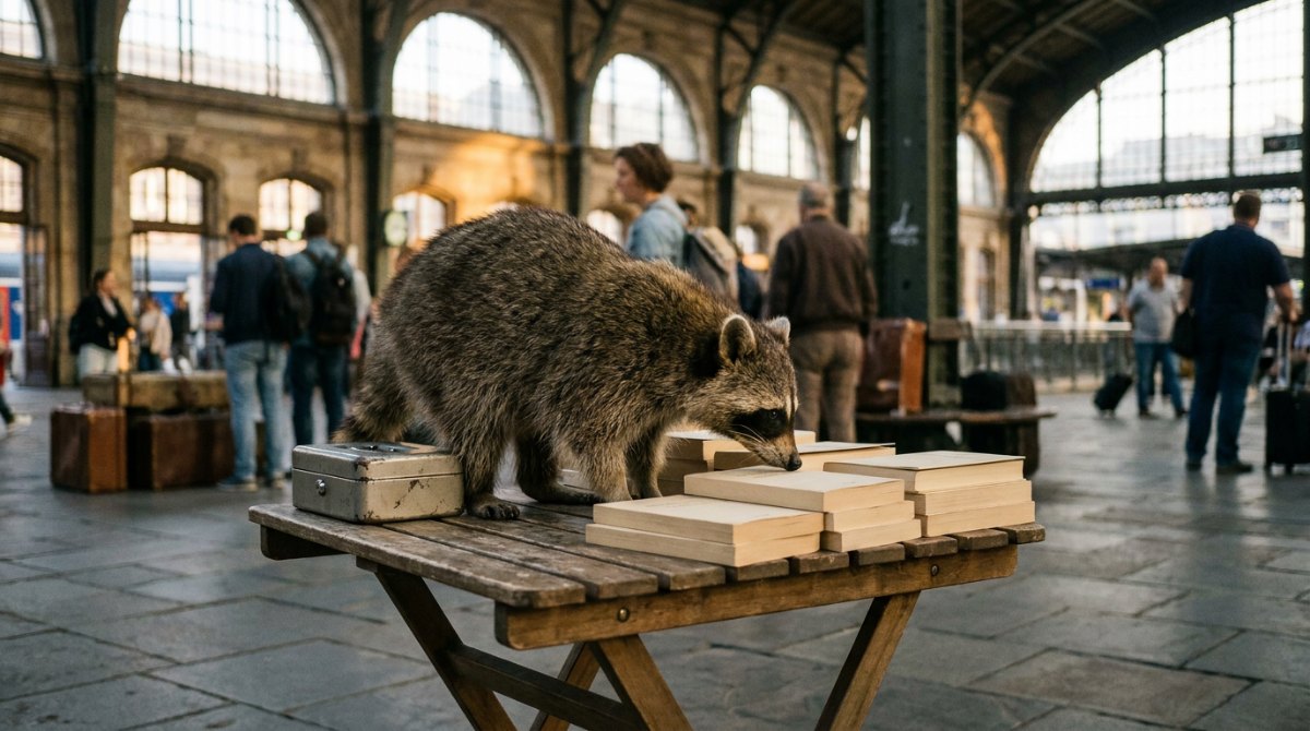 Waschbär am Klapptisch mit schmalen Büchern in der Bahnhofshalle – den eigenen Gedichtband veröffentlichen