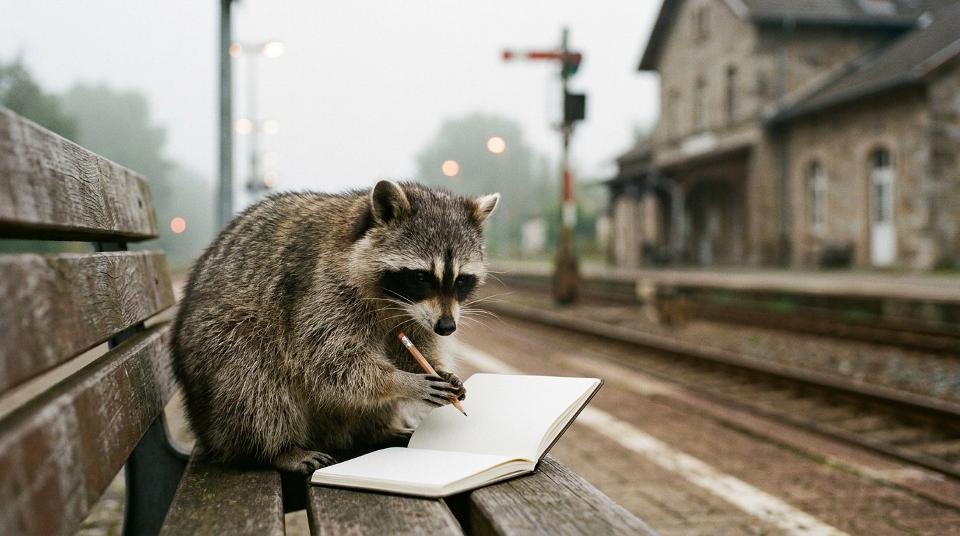 Ein Waschbär sitzt mit Stift und Notizbuch auf einer Bank am Bahnhof und schreibt