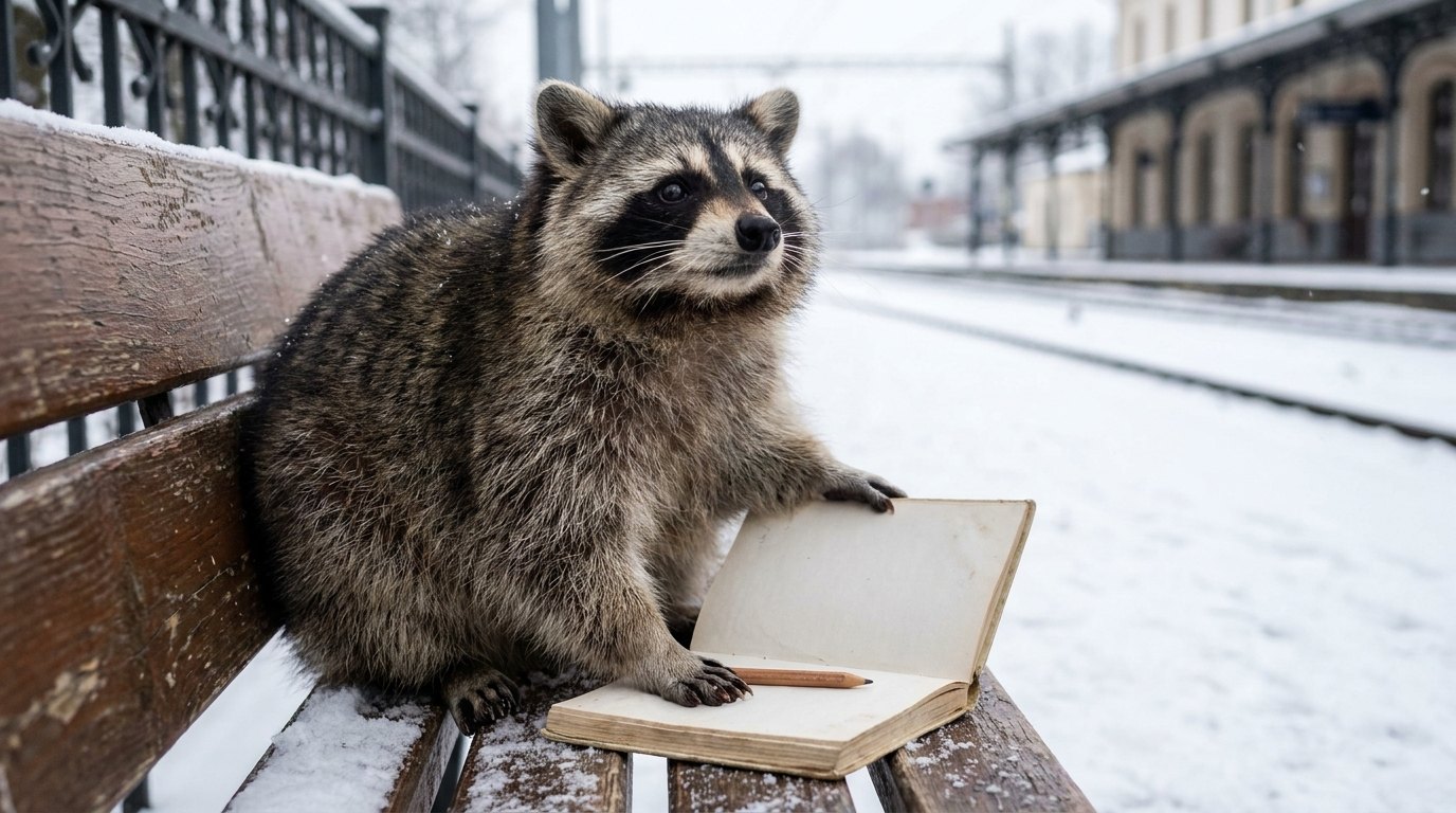 Ein Waschbär blickt über sein Notizbuch, im Hintergrund ein verschneiter Bahnsteig