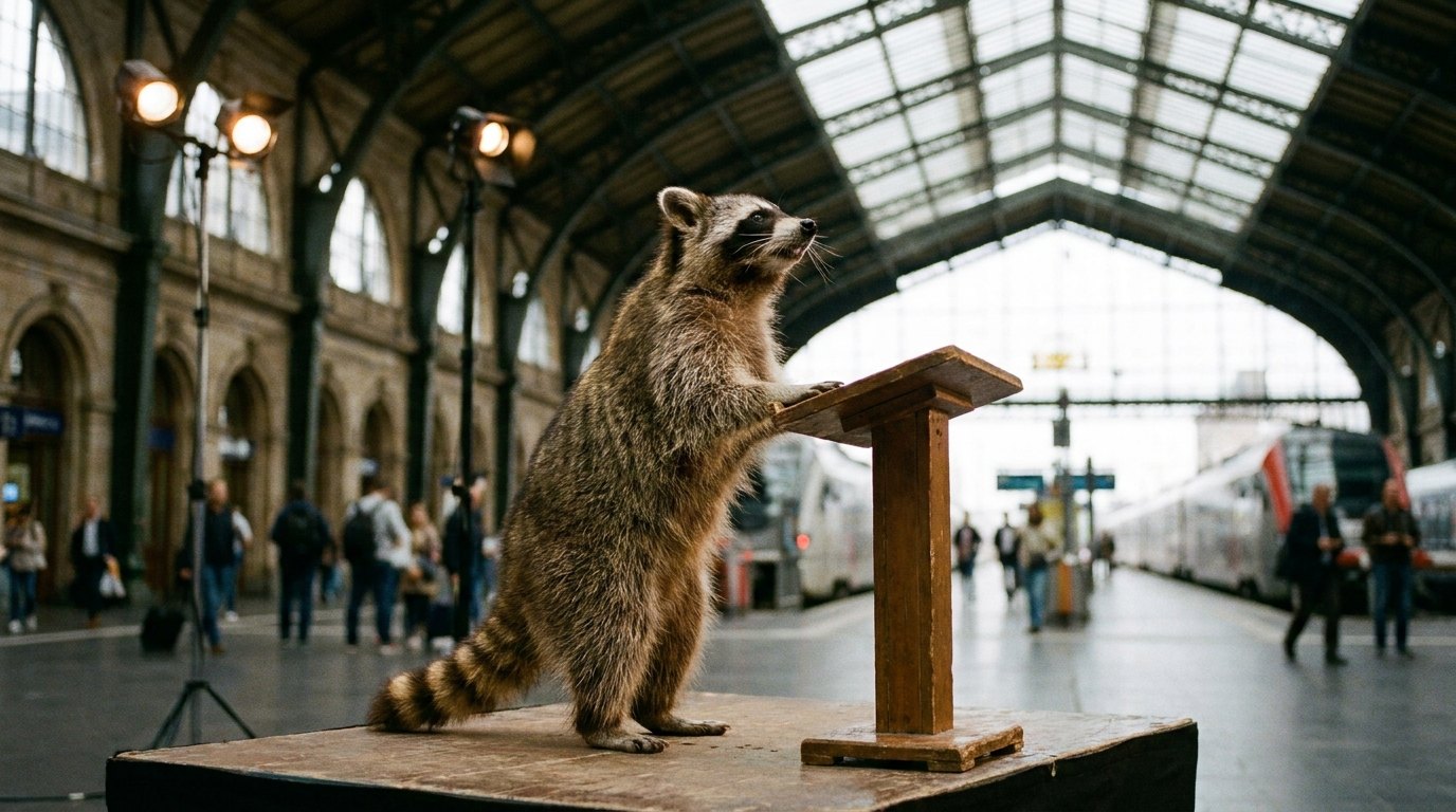 Ein Waschbär steht am Rednerpult auf einer Bühne in einer Bahnhofshalle