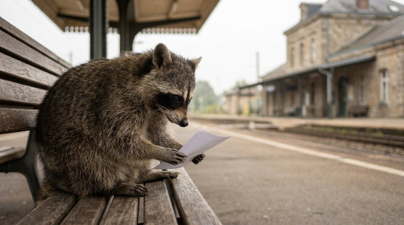 Ein Waschbär sitzt auf einer Bahnhofsbank und übt konzentriert mit einem leeren Blatt