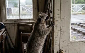 Geduld mit sich selbst: Waschbär am Türrahmen voller Bleistiftstriche im alten Bahnwärterhaus