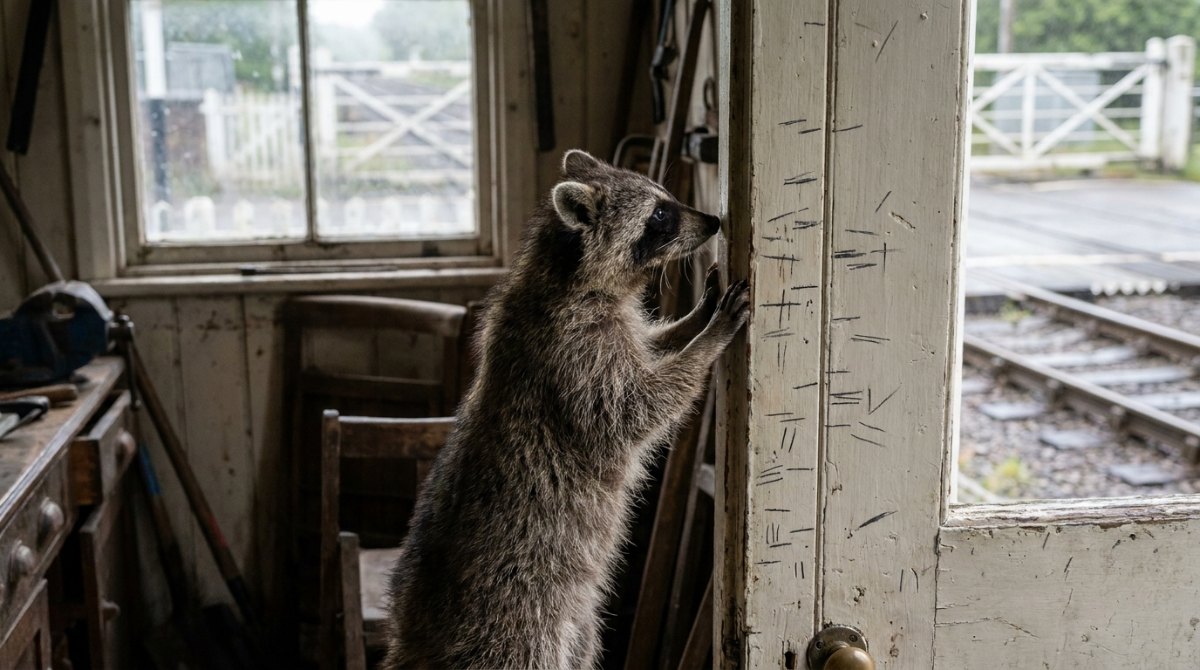 Waschb&auml;r wartet geduldig am Bahnsteig auf den Zug