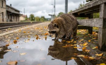 Waschbär betrachtet sein Spiegelbild in einer Pfütze am herbstlichen Bahnsteig – Gefühle beschreiben mit Bildern