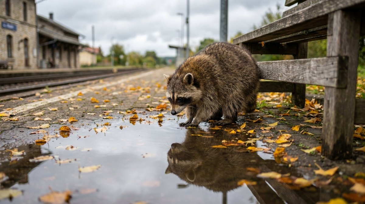 Waschbär betrachtet sein Spiegelbild in einer Pfütze am herbstlichen Bahnsteig – Gefühle beschreiben mit Bildern