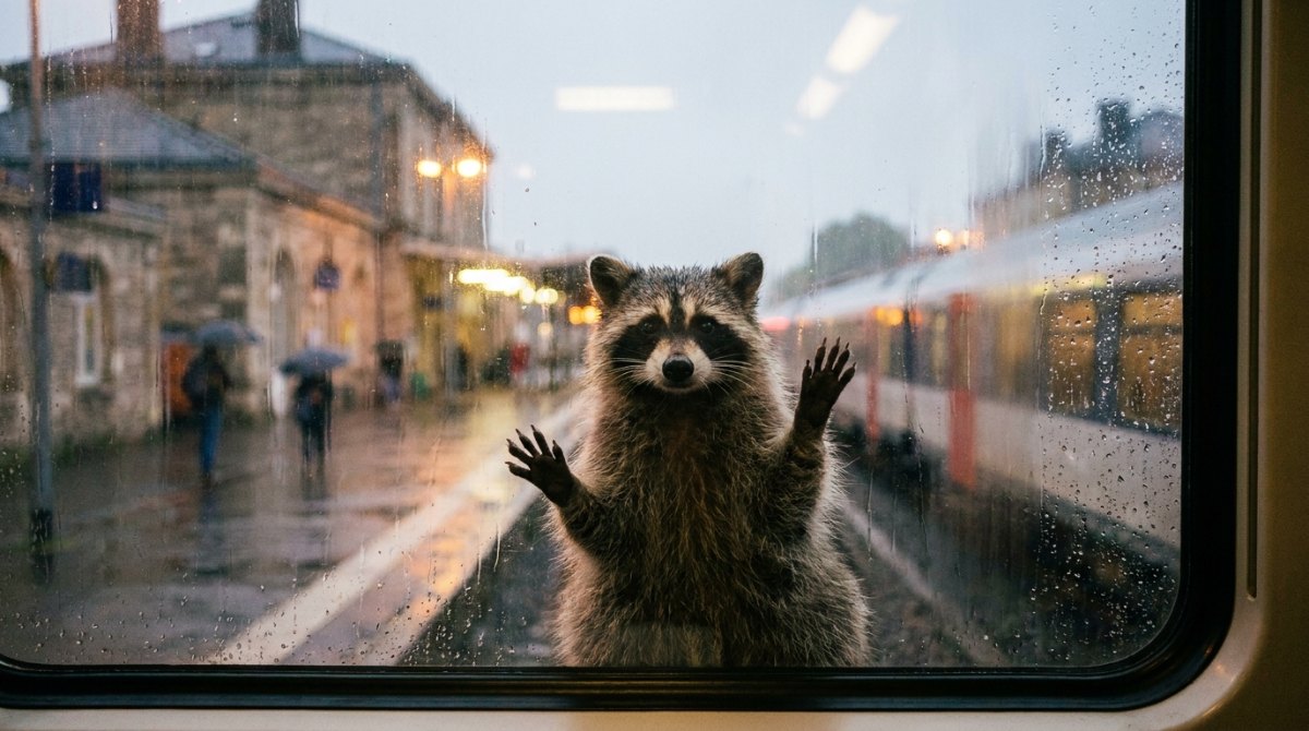Waschbär drückt die Pfoten an ein verregnetes Zugfenster – Gefühle beschreiben mit Bildern statt Wörtern