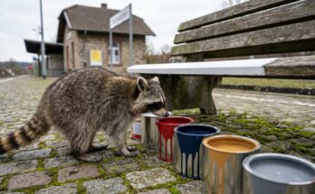 Waschbär schnuppert an offenen Farbdosen neben einer Bahnsteigbank – Gefühle in Worte fassen wie Farben mischen