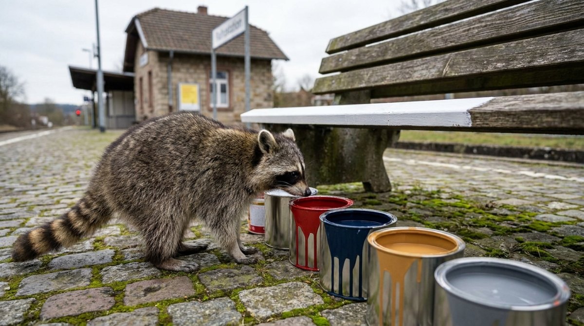Waschbär schnuppert an offenen Farbdosen neben einer Bahnsteigbank – Gefühle in Worte fassen wie Farben mischen