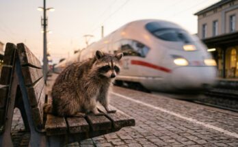 Waschbär sitzt ruhig auf einer Bahnsteigbank, während ein Zug vorbeirast – Gelassenheit beim Poetry Slam