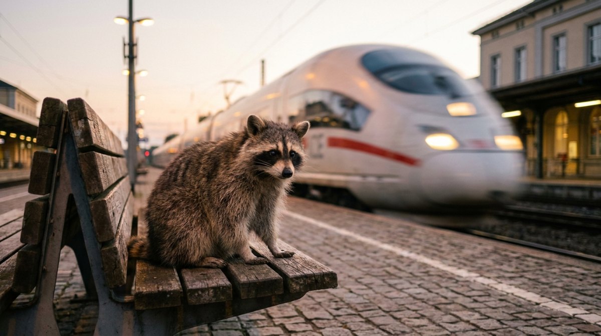 Waschbär sitzt ruhig auf einer Bahnsteigbank, während ein Zug vorbeirast – Gelassenheit beim Poetry Slam
