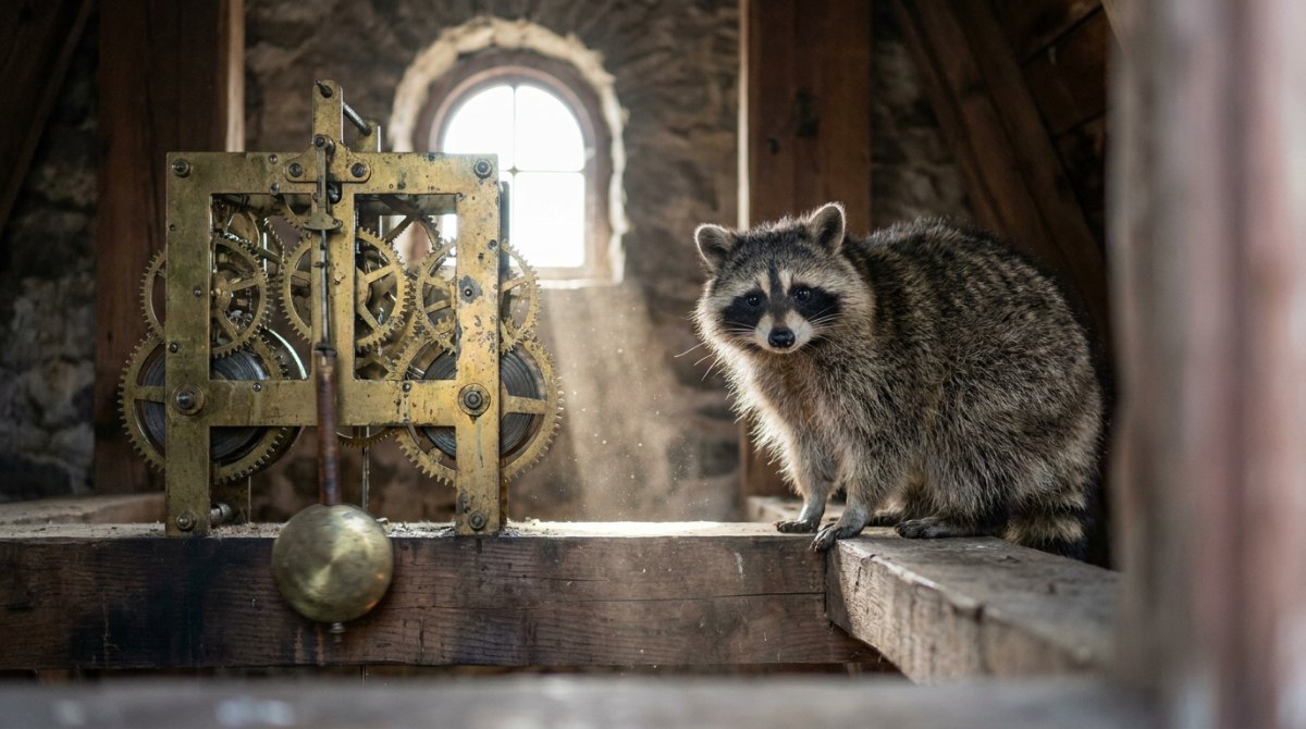 Waschbär neben einem alten Uhrwerk im Bahnhofsuhrturm – Gelassenheit und Tempo auf der Bühne