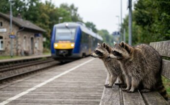 Gemeinsam auftreten: zwei Waschbären auf einer Bahnsteigbank vor dem einfahrenden Zug