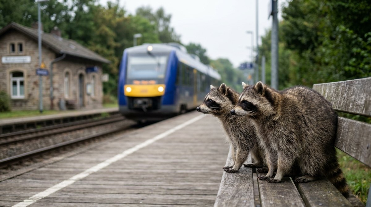 Gemeinsam auftreten: zwei Waschbären auf einer Bahnsteigbank vor dem einfahrenden Zug