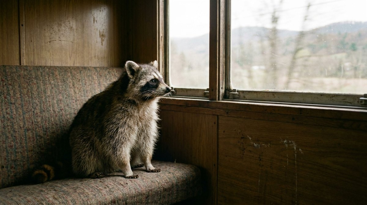 Generalprobe im Kopf: Ein Waschbär sitzt im leeren Abteil eines alten Zuges und schaut aus dem Fenster