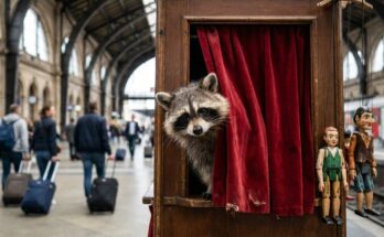 Georg Schramm und die Bühnenfigur: Waschbär schaut aus einem Marionettentheater in der Bahnhofshalle