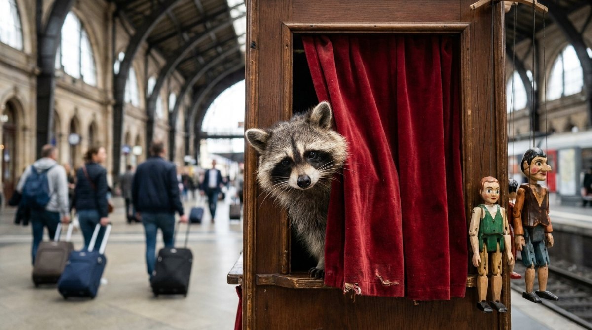 Georg Schramm und die Bühnenfigur: Waschbär schaut aus einem Marionettentheater in der Bahnhofshalle