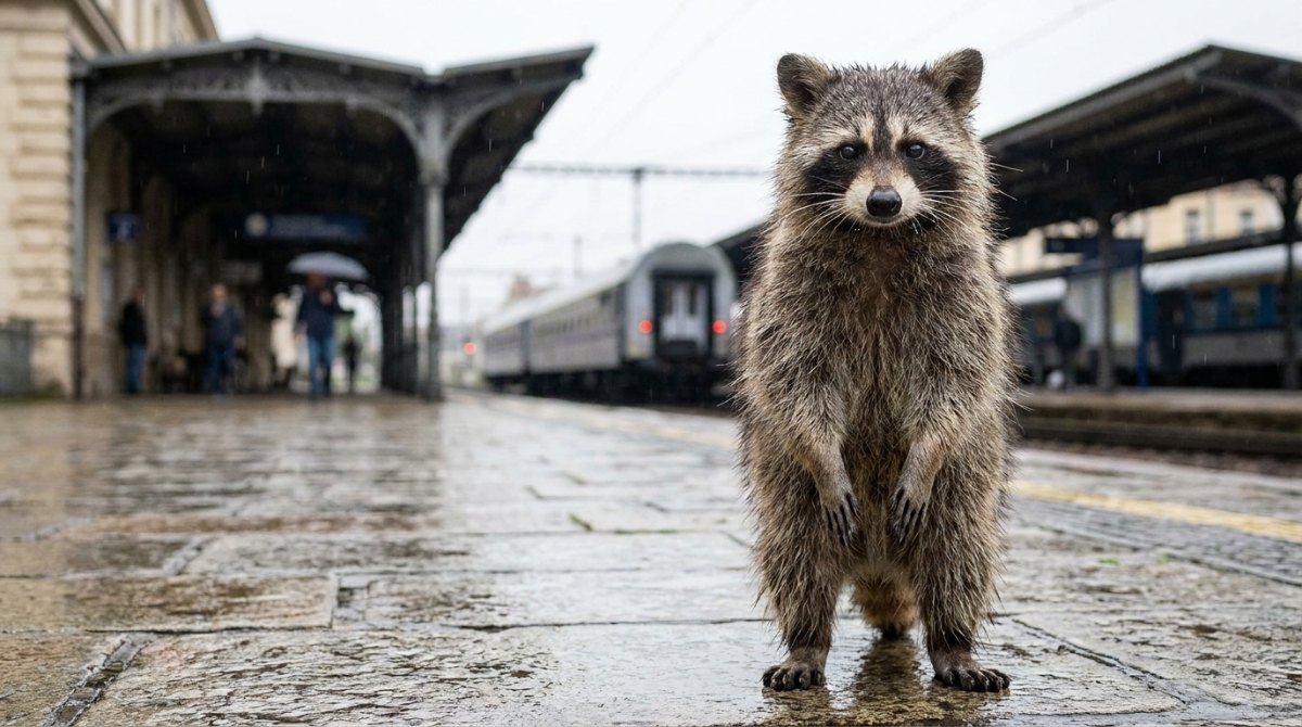 Haltung wie bei Georg Schramm: Waschbär steht aufrecht im Regen auf dem Bahnsteig
