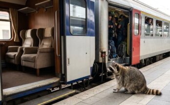 Poetry Slam über Gerechtigkeit: ein Waschbär sitzt am Bahnsteig zwischen einem leeren Erste-Klasse-Wagen und einem vollen Wagen