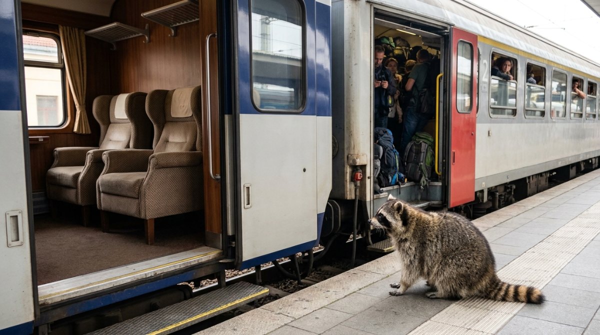 Poetry Slam über Gerechtigkeit: ein Waschbär sitzt am Bahnsteig zwischen einem leeren Erste-Klasse-Wagen und einem vollen Wagen