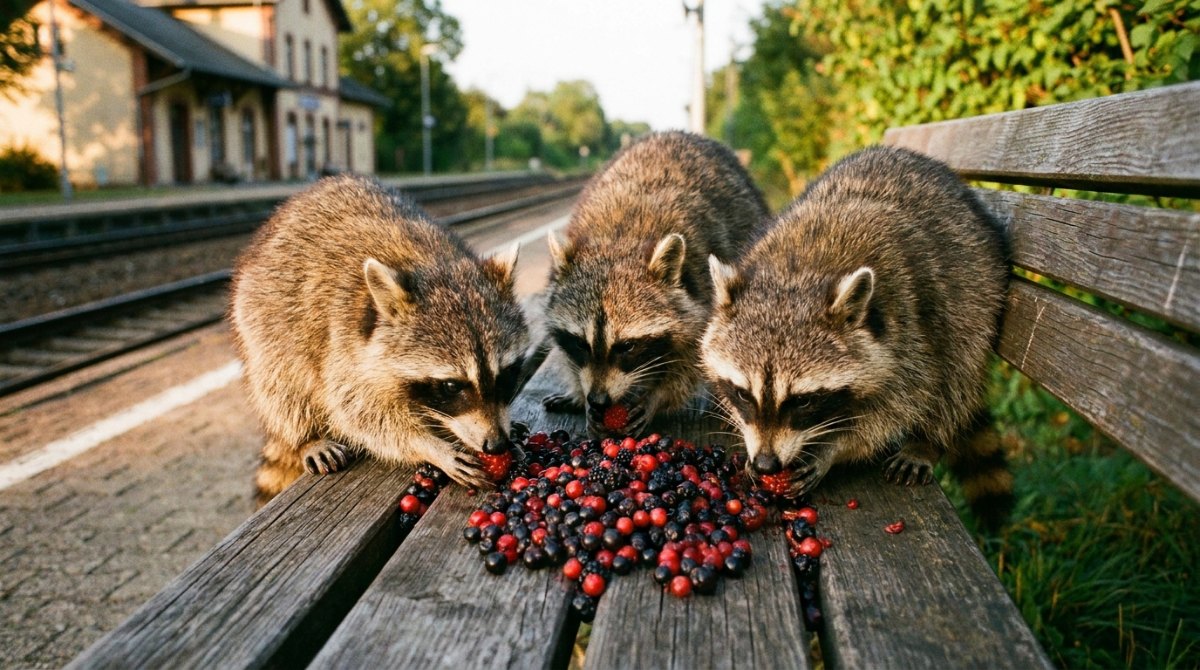 Drei Waschbären teilen sich gerecht einen Haufen Beeren auf einer Bank am Bahnhof